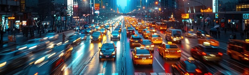 Cars are driving down a busy city street at night, banner