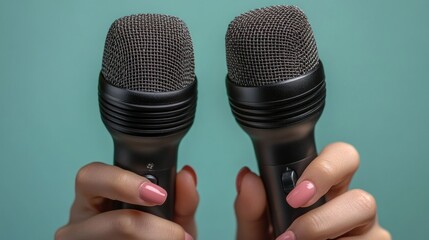 Two Microphones Held by Hands Against a Green Background