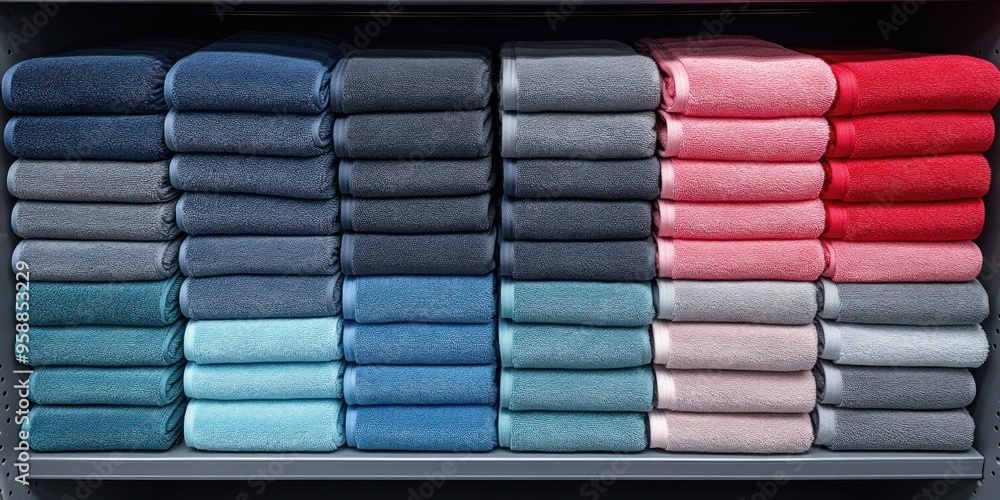 Poster towels are neatly arranged on shelves in a spa salon, creating a calming environment for clients rea