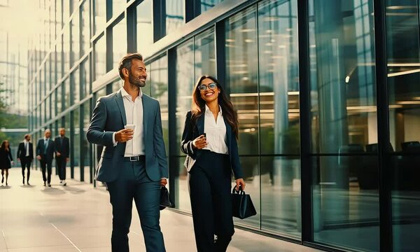 Confident Stride:  Two business professionals, a man and a woman, walk side-by-side with purpose and confidence outside a modern office building, reflecting a dynamic and successful work environment. 