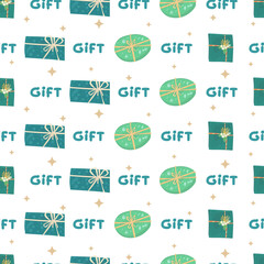 Green gift box seamless pattern background.
