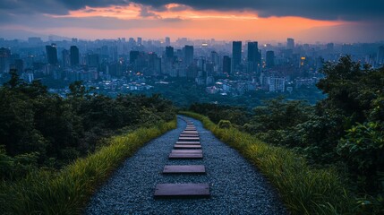 Mountain Path to Urban Skyline at Dusk