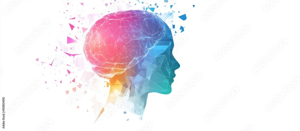 Poster abstract vector background with a polygonal human head and a colorful brain on a white background, a