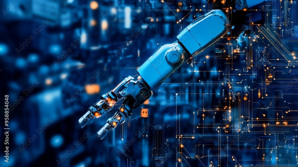 Poster robot graphic design, overlooking intelligent manufacturing, using a three color color scheme to sho