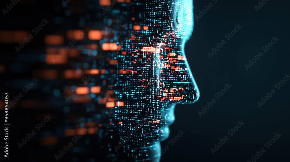 Poster futuristic human face with digital data streams illustrating technology, artificial intelligence, an