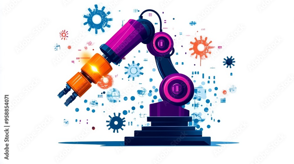 Poster robot graphic design, overlooking intelligent manufacturing, using a three color color scheme to sho