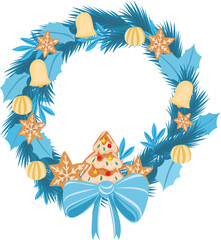 Blue christmas wreath illustration on transparent background.
