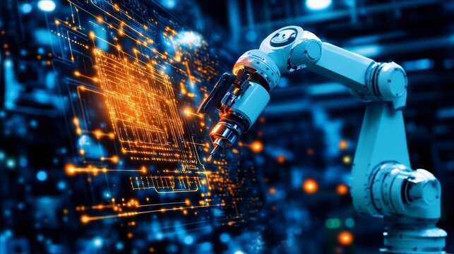 Robot graphic design, overlooking intelligent manufacturing, using a three color color scheme to showcase advanced industrial automation and technological concepts.