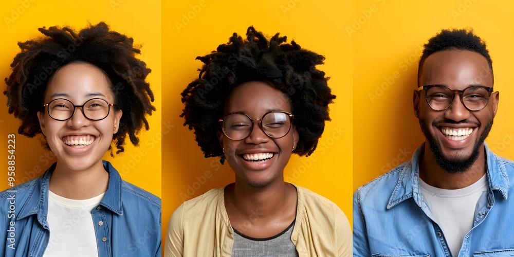 Wall mural three smiling people wearing glasses against yellow background