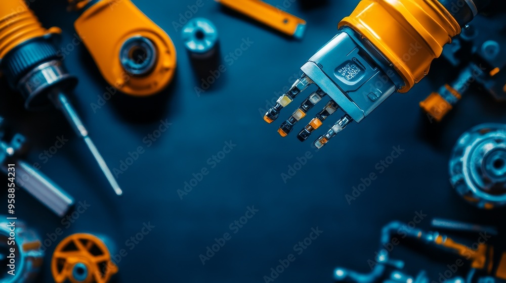 Poster robot graphic design, overlooking intelligent manufacturing, using a three color color scheme to sho