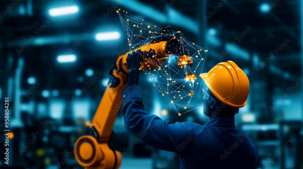 Poster robot graphic design, overlooking intelligent manufacturing, using a three color color scheme to sho