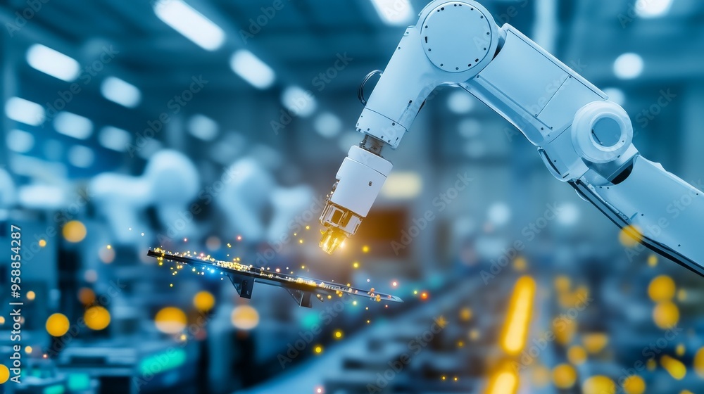 Poster robot graphic design, overlooking intelligent manufacturing, using a three color color scheme to sho