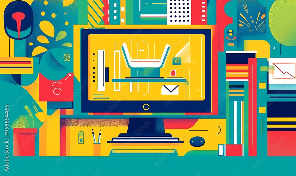 Poster a colorful geometric abstract of a desk with a computer