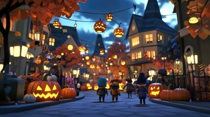 Trick-or-Treat Street with Kids in Costumes and Houses Decorated for a Spooky Halloween Night