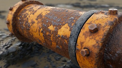 Weathered industrial pipe segment with rusted yellow paint and protruding bolts lies abandoned, symbolizing decay and the passage of time in urban landscapes.