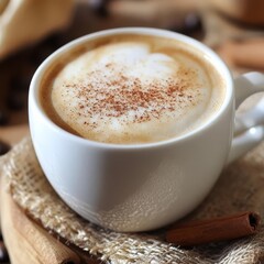 Fototapeta premium Freshly brewed coffee with a sprinkle of cinnamon, Rich taste. Good health beverage, added energy.