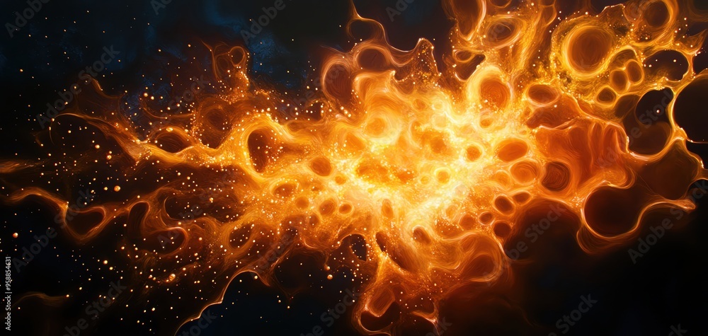 Poster vibrant orange fluid abstract design with dynamic motion and sparkling elements, ideal for creative 