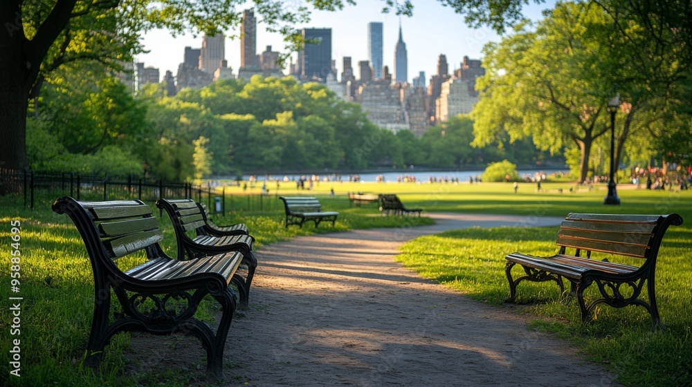 Sticker Peaceful Park Pathway with City Skyline