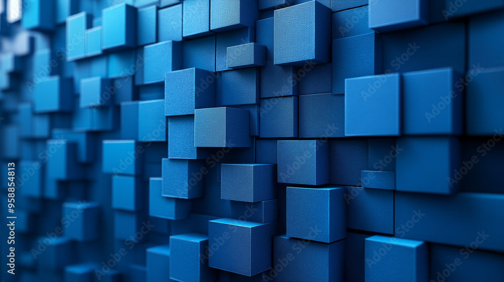 Poster a textured blue wall made of three-dimensional cubes creating a modern abstract design in an interio