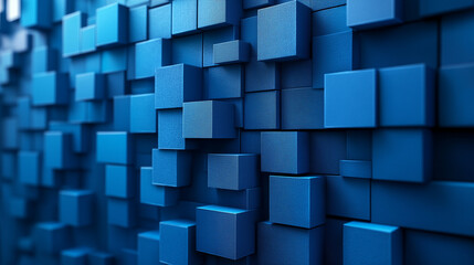 A textured blue wall made of three-dimensional cubes creating a modern abstract design in an interior space