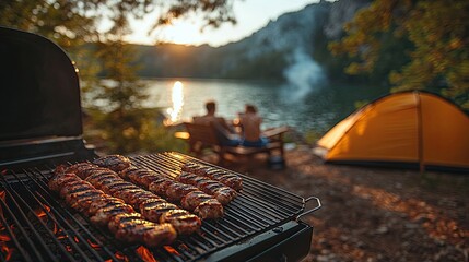 group of multiracial young friends camping near lake and and having barbecue together close up