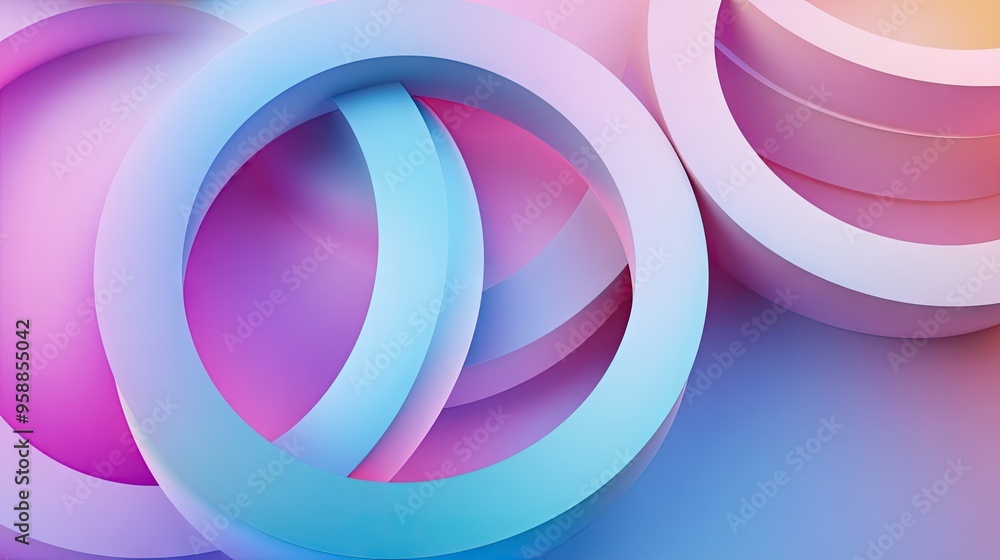 Poster 3d abstract background with overlapping circles and rings in a gradient color scheme, creating a smo