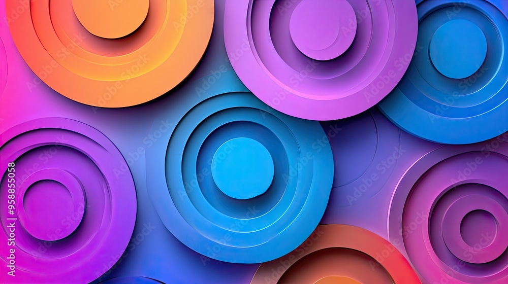 Poster 3d abstract background with overlapping circles and rings in a gradient color scheme, creating a smo