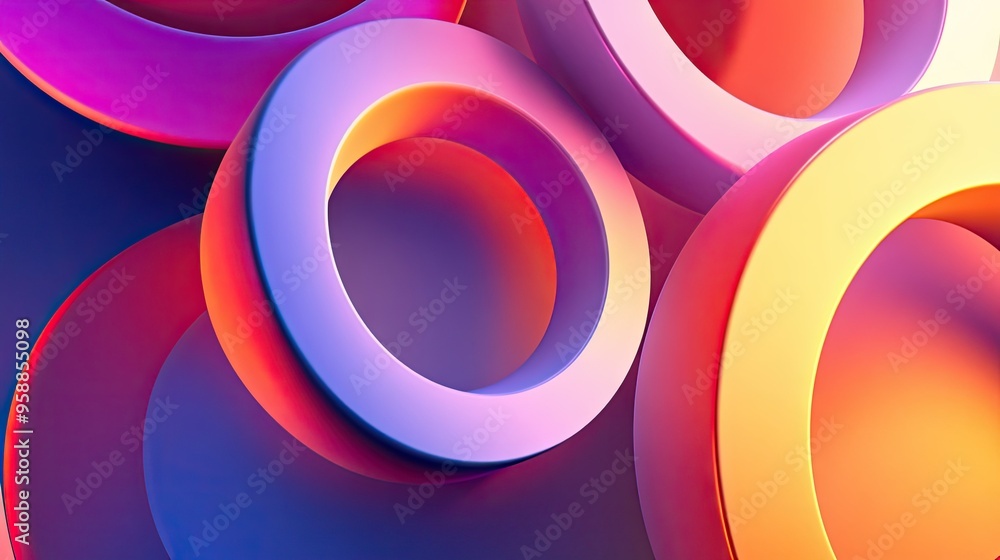 Poster 3d abstract background with overlapping circles and rings in a gradient color scheme, creating a smo