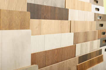 Many different samples of wooden flooring in store, closeup