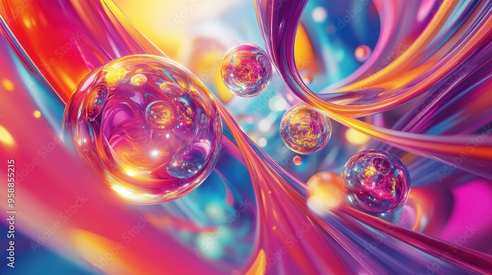 Poster 3d abstract background with spiraling lines and orbs in vibrant colors, giving a dynamic and energet