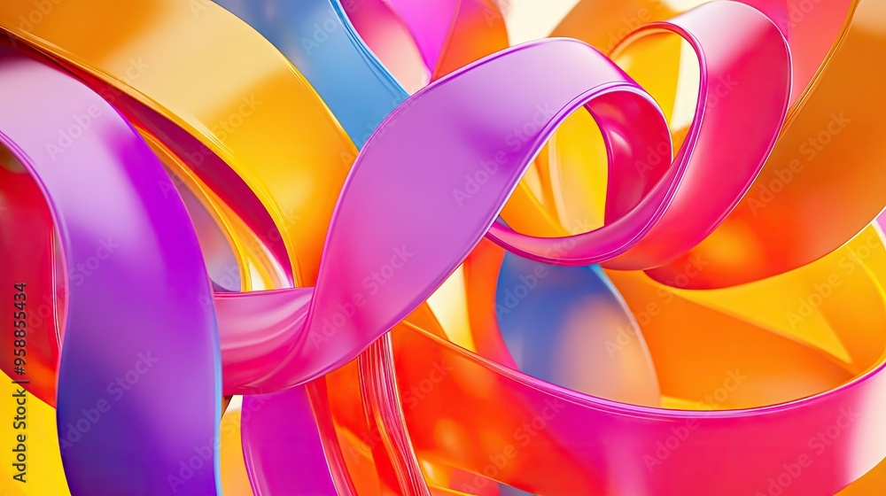Poster 3d abstract background with twisted ribbons and spirals in bright colors, creating an energetic and 