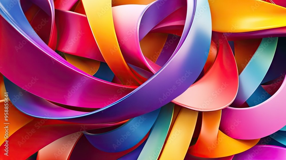 Poster 3d abstract background with twisted ribbons and spirals in bright colors, creating an energetic and 