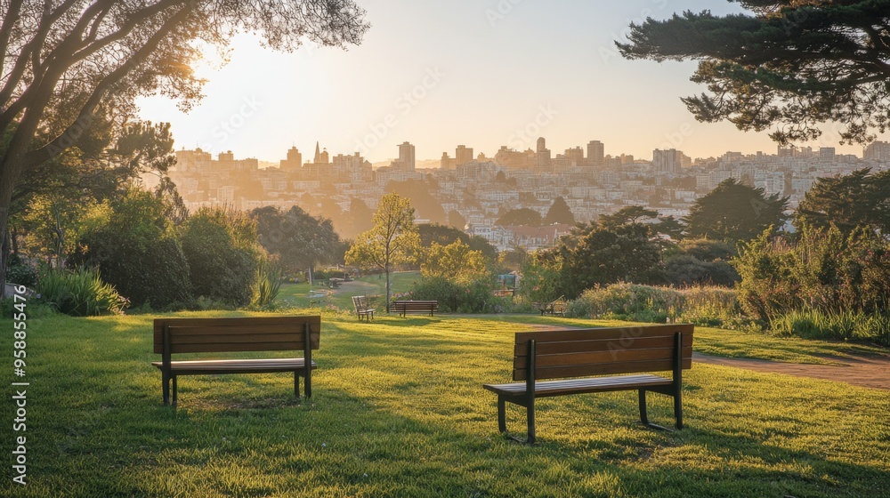 Sticker sunset over urban park with city skyline