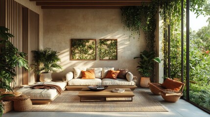 Fototapeta premium Modern living room with plants and natural light.