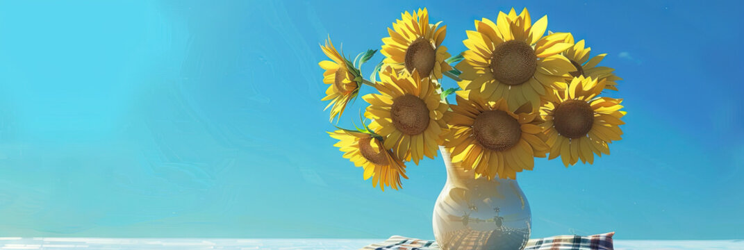 In the Land of Sunshine: A vase of golden sunflowers, sitting on a picnic blanket under a clear blue sky.