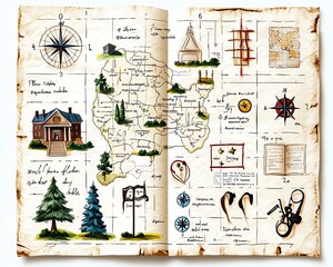 Vintage map illustration featuring compass, landmarks, and nature elements, ideal for adventurers and travelers.