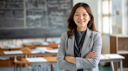 high detailed wide headshot photo of a standing teacher asian adult female smiling with arms crossed, wearing comfortable formal and modern clothes with blazer in light grey colors, generative ai