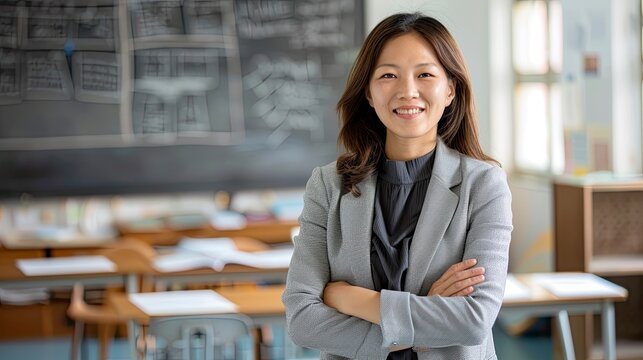 high detailed wide headshot photo of a standing teacher asian adult female smiling with arms crossed, wearing comfortable formal and modern clothes with blazer in light grey colors, generative ai