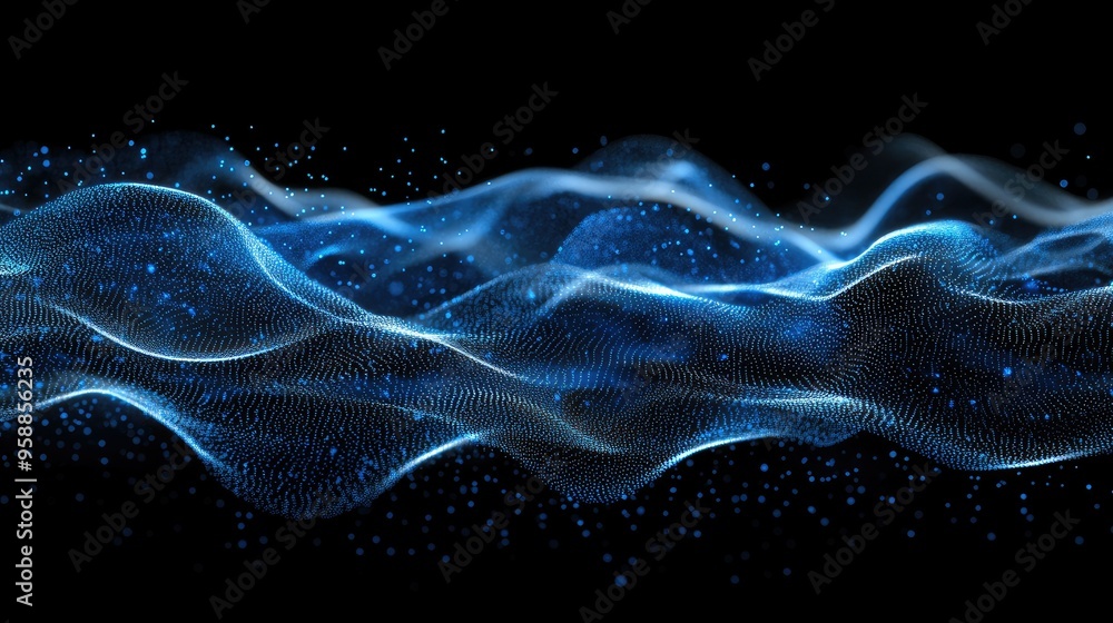 Poster 3d abstract digital interface with blue horizontal particle lines flowing smoothly on a black backgr