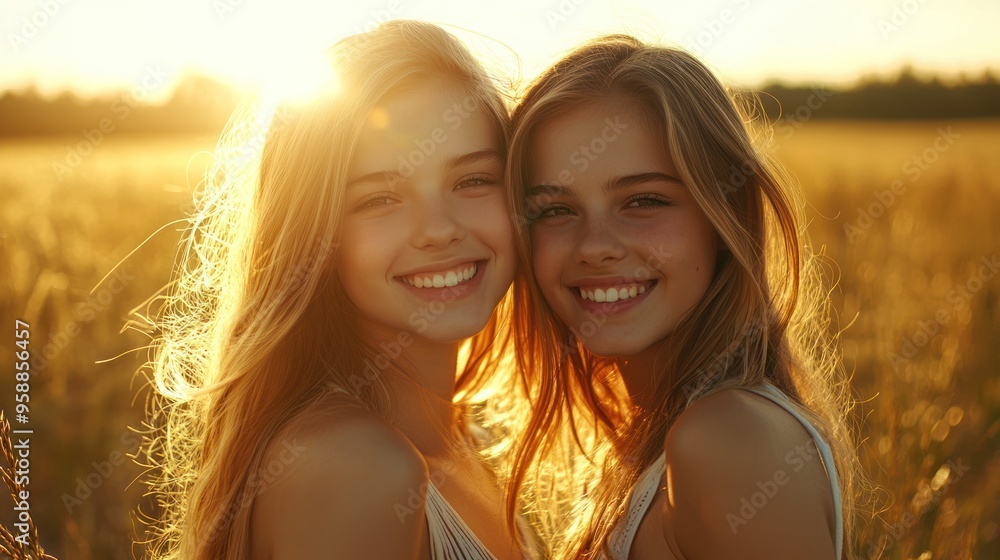 Wall mural happy young women smiling brightly in a sunlit field.