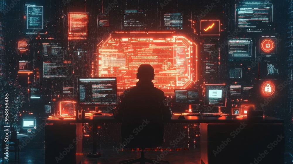 Poster hacker in a cyberpunk world.