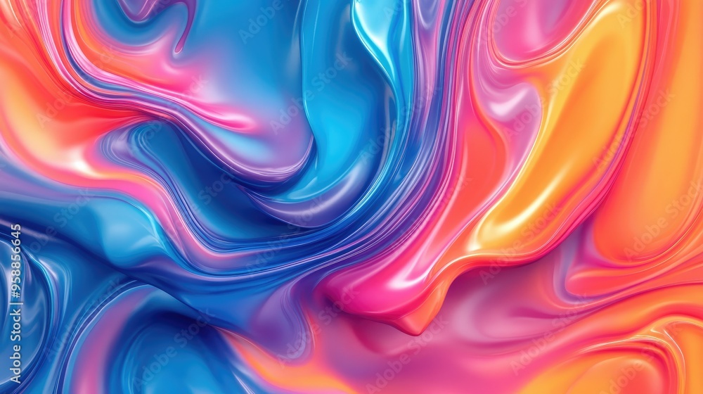Poster 3d abstract fluid design with vibrant, swirling colors blending seamlessly, creating a dynamic and v
