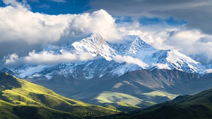 Captivating time-lapse of the Himalayas with snow-covered mountains under a clear sky sunlight highlighting the peaks and clouds gently moving over the green foothills