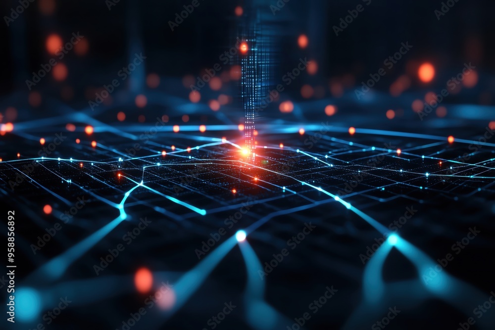 Poster a captivating abstract representation of interconnected networks, showcasing lights and data flow in