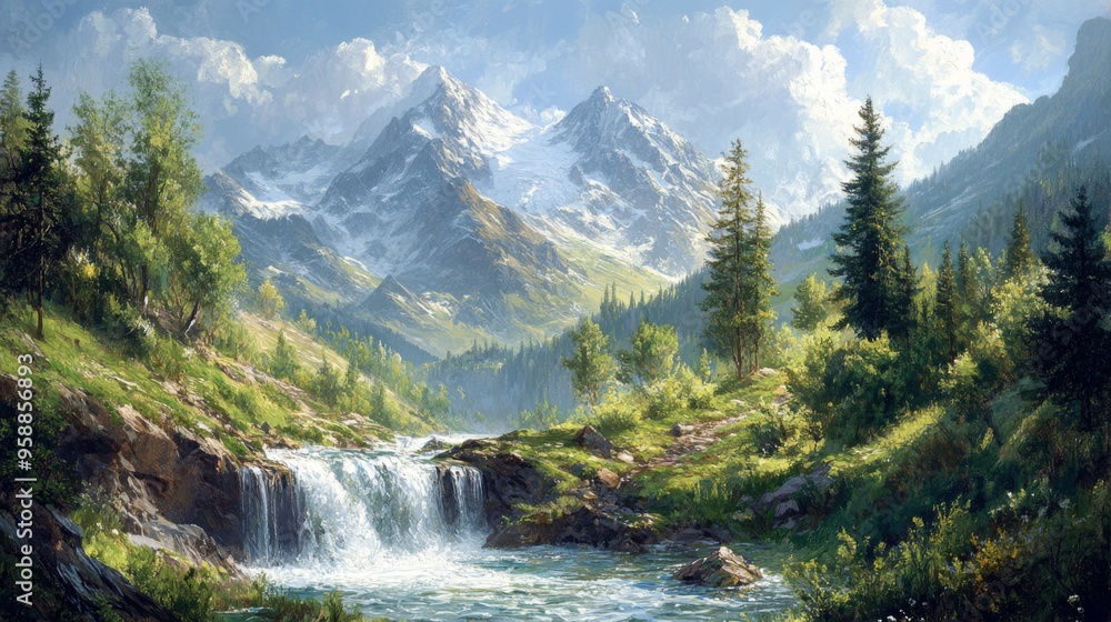 Canvas Prints Mountain Landscape with River and Waterfall