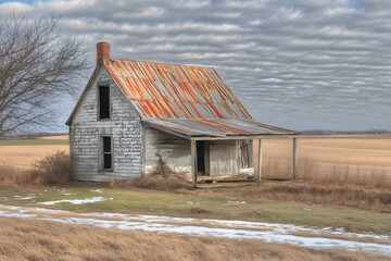 Obraz premium Old Abandoned Farmhouse in a Field