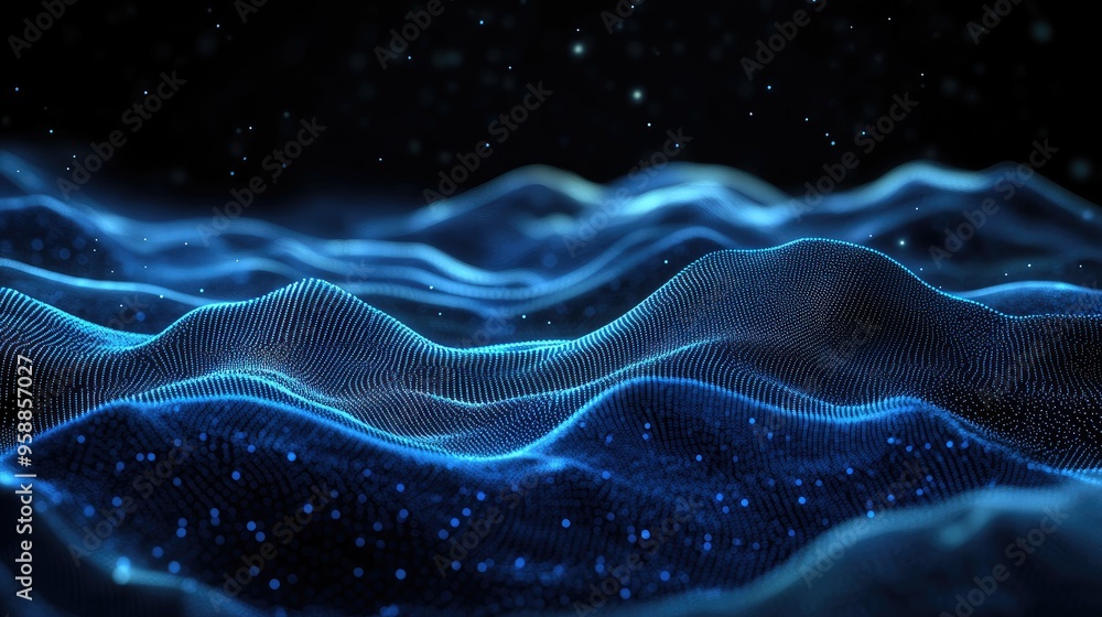 Poster 3d abstract landscape with flowing blue particle lines on a dark background, emphasizing the concept