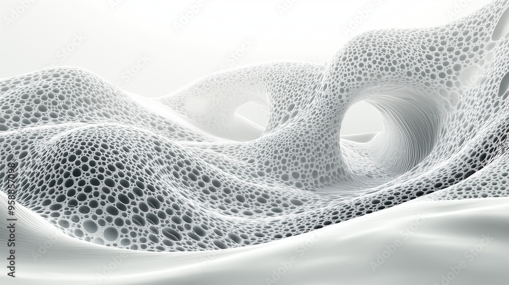 Poster abstract white landscape with textured waves and circular openings, showcasing intricate patterns in