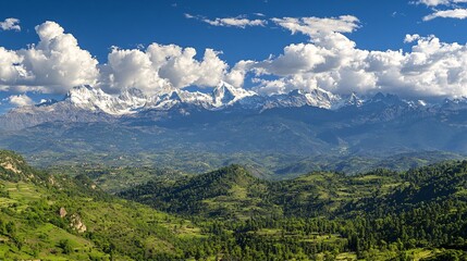 Fototapeta premium High-definition time-lapse photography showcasing the majestic Himalayas under a blue sky with sunlight glinting off the snow-capped peaks and white clouds drifting over the green-covered foothills