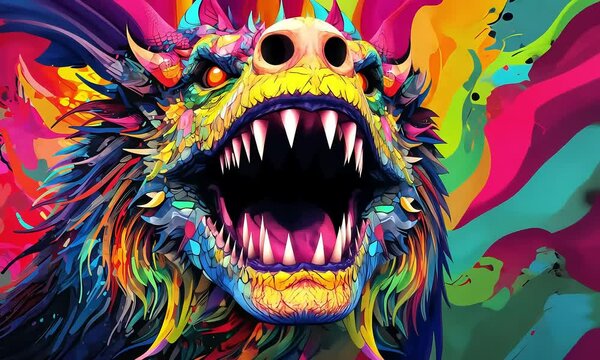 Psychedelic Dragon's Roar: A vibrant, fierce dragon bursts from a canvas of swirling colors, its two-headed form roaring with primal energy. 